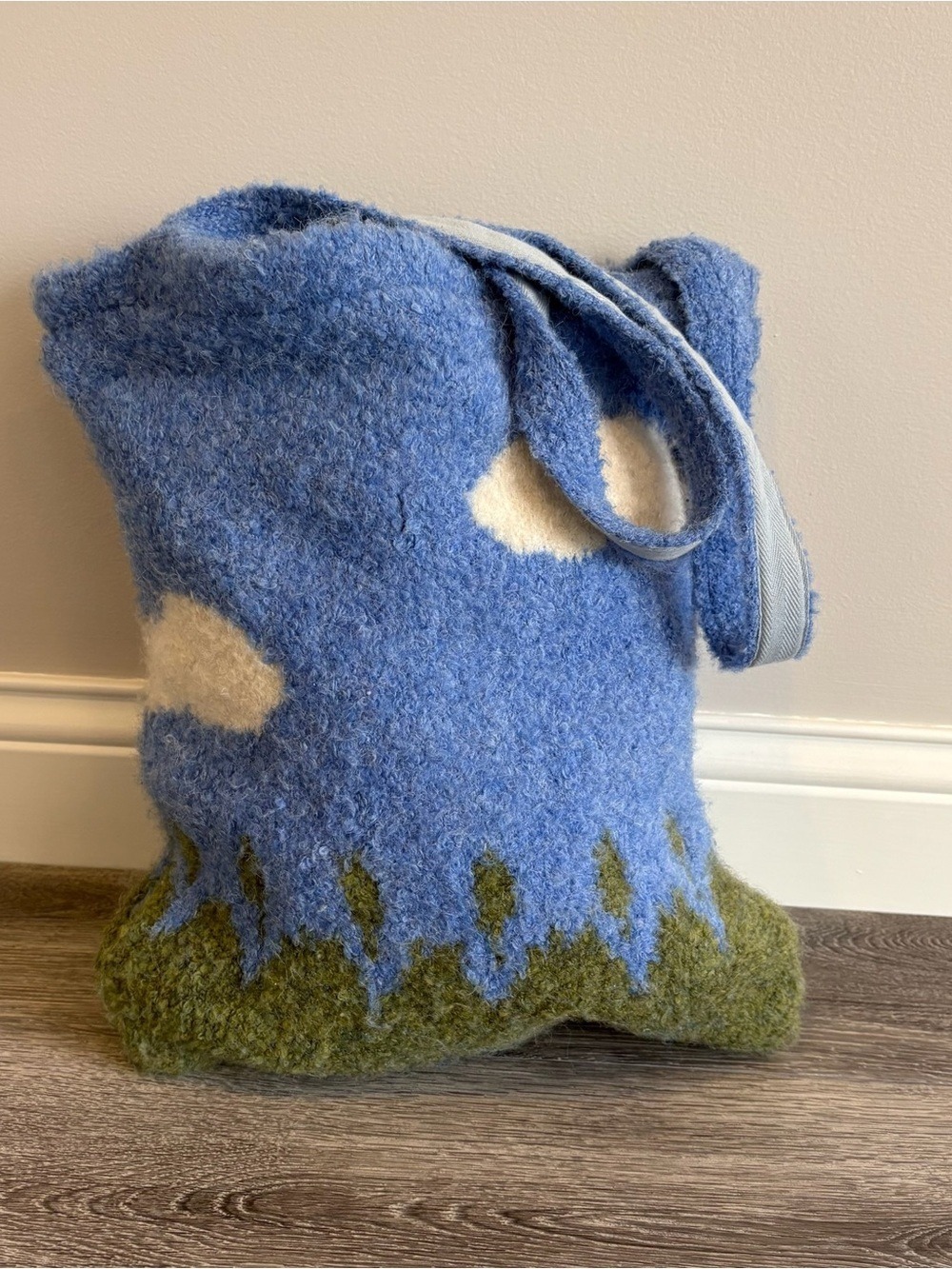 Felted Wool Tote Bag Blue Sky Clouds Green Forest Landscape Boho